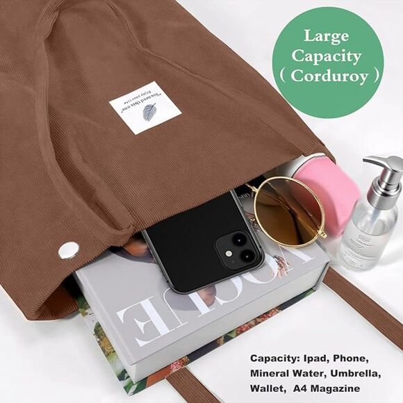Women Brown Imported Corduroy Small Canvas Shoulder Handy Tote Bag - Picture 2 of 4